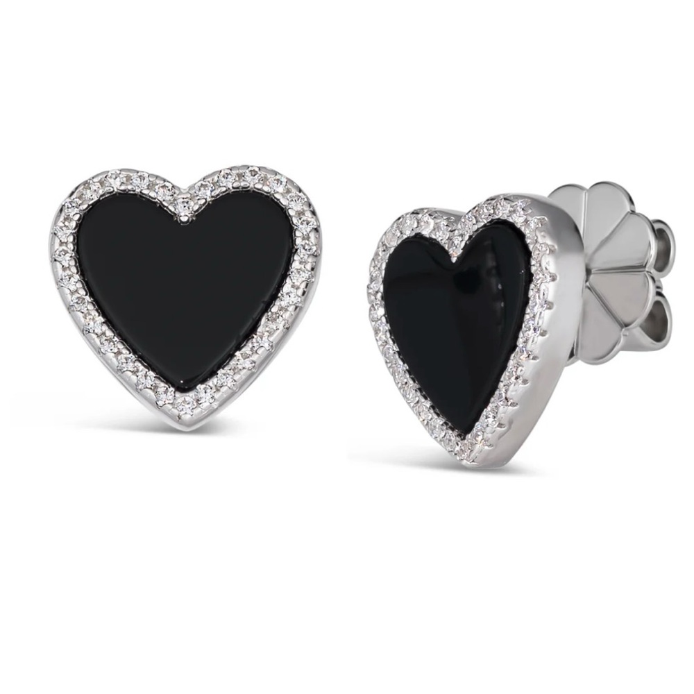 Black and Silver Heart Stud Earrings with Sparkling Border And Necklace